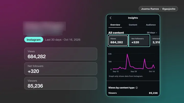 Instagram dashboard: 684,282 views in 30 days