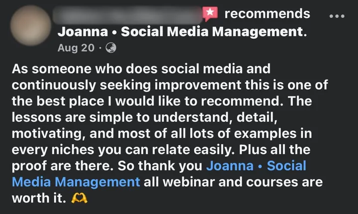 Facebook review: the lessons are simple to understand, detailed and motivating, with lots of examples; all webinars and courses are worth it
