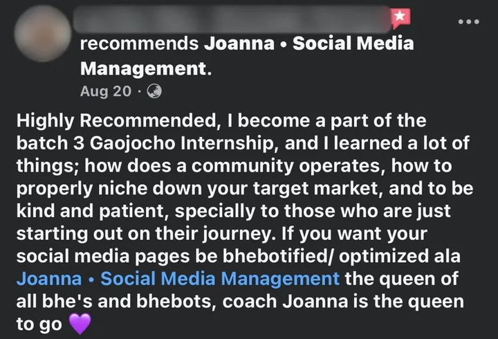 Facebook review: highly recommended; learned how a community operates and how to niche down a target market